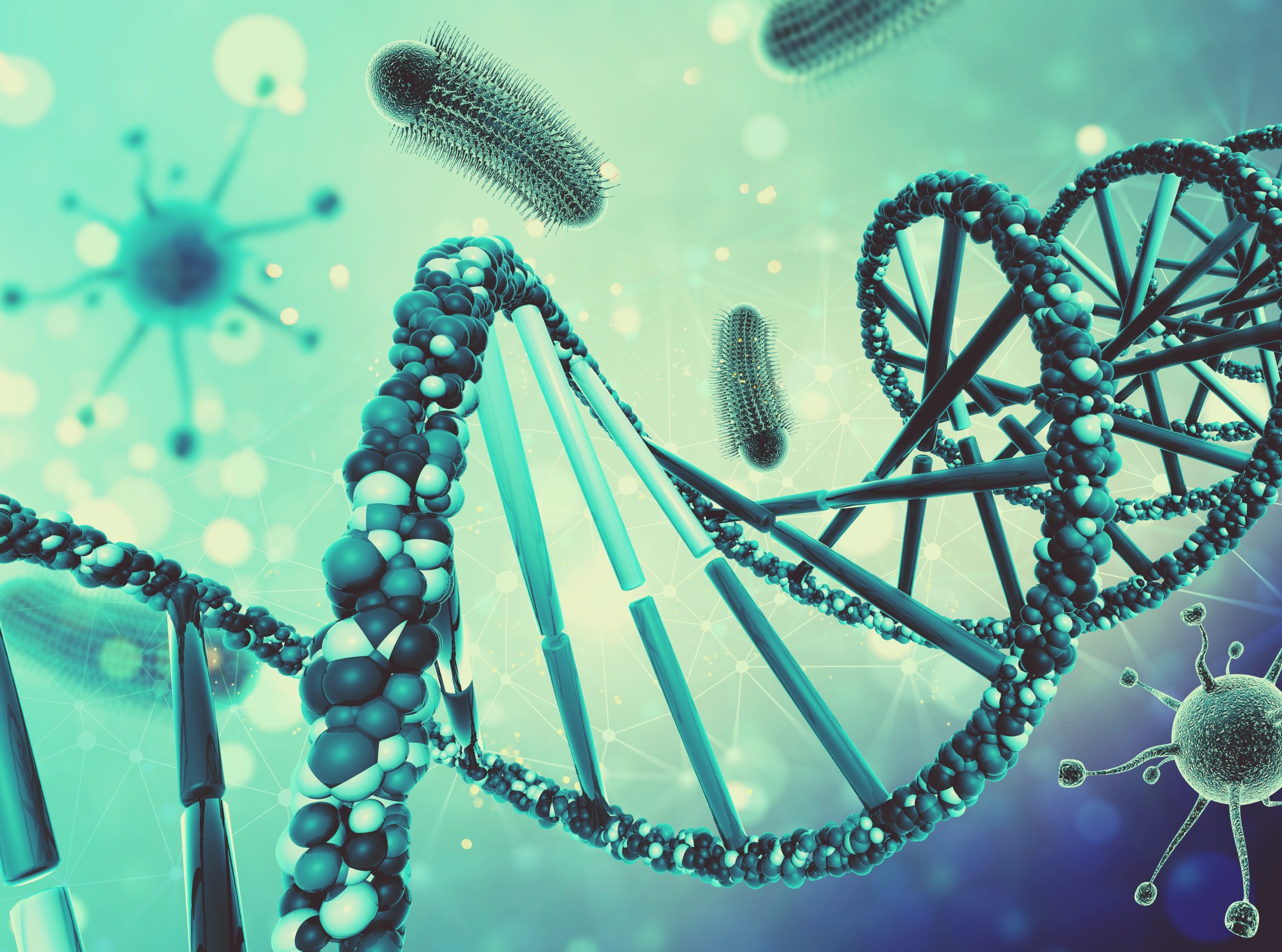 3D render of a medical background with virus cells and DNA strand
